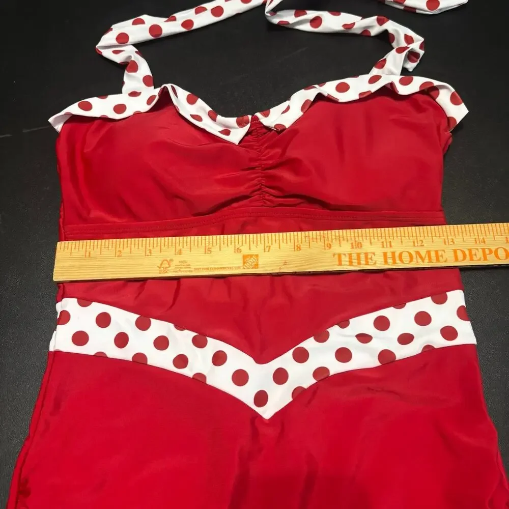 Retro Stage Red Polka Dot Swimdress One Piece Swimsuit Pin Up Rockabilly L NWT
